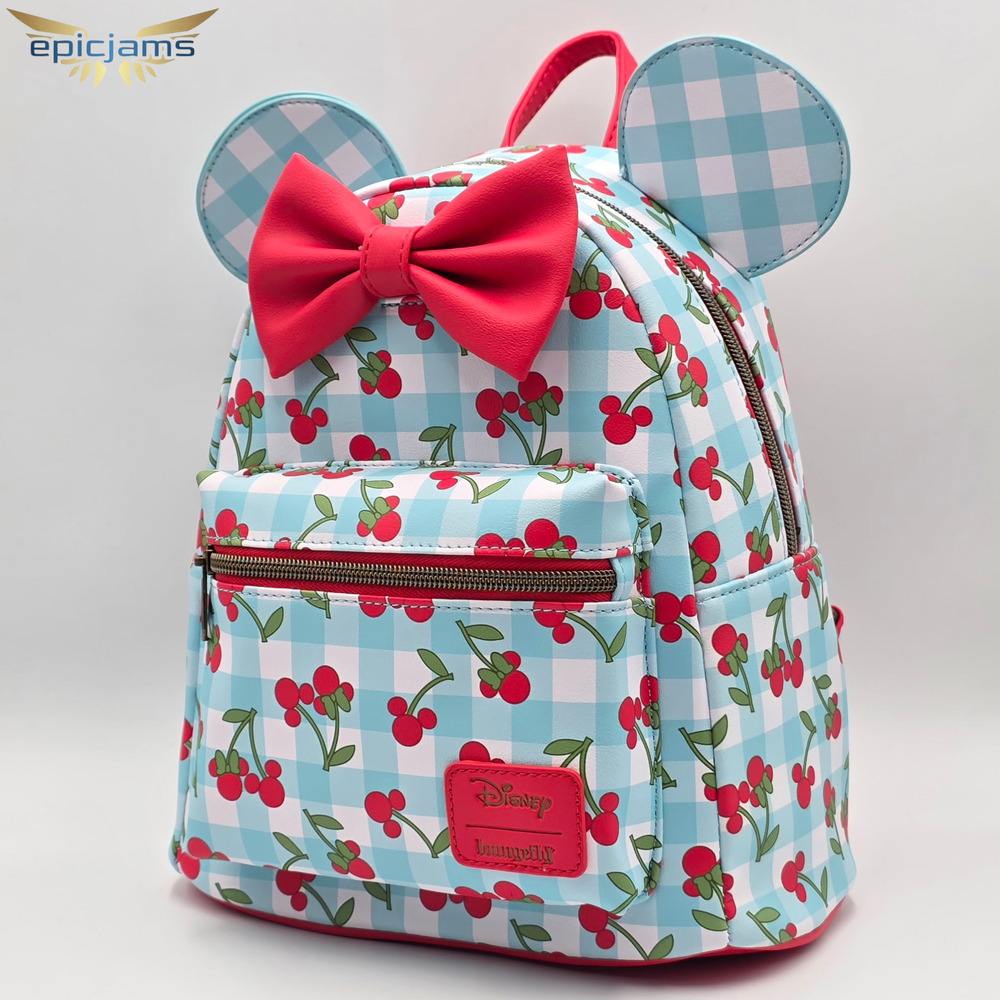 Loungefly Disney Minnie Mouse Gingham Cherry Blue Mini Backpack Bag New - Picture 3 of 5